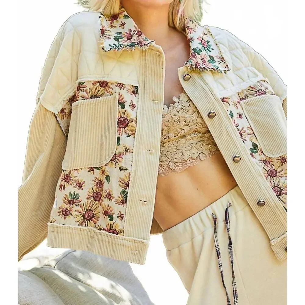 POL Quilted Corduroy Jacket Jacquard‎ Sz S Tapestry Grandma Cottage